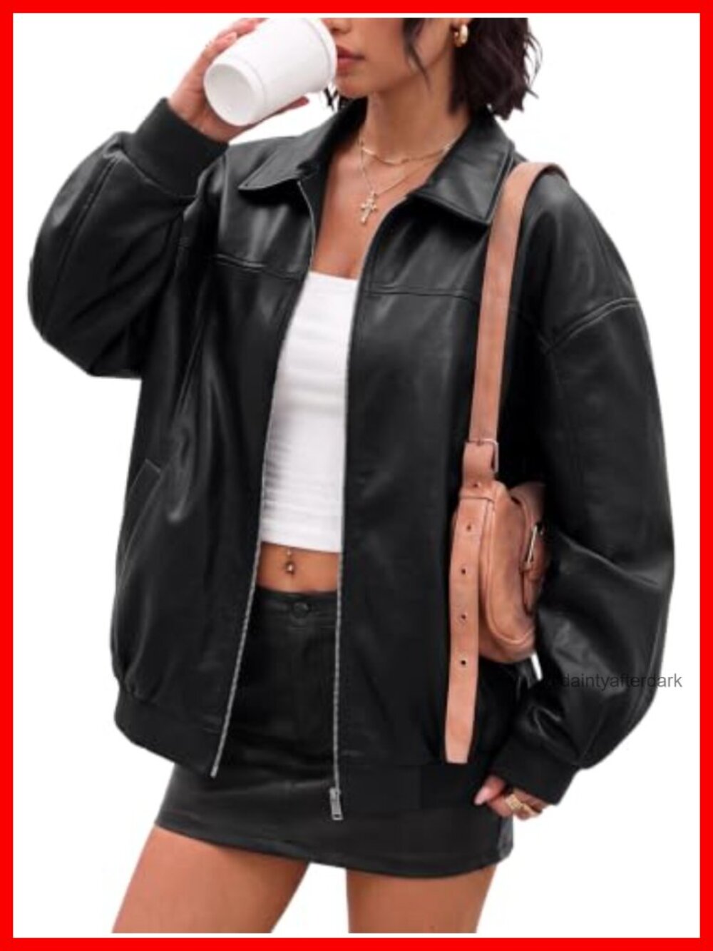 Womens Oversized Faux Leather Bomber Jacket Zip Up